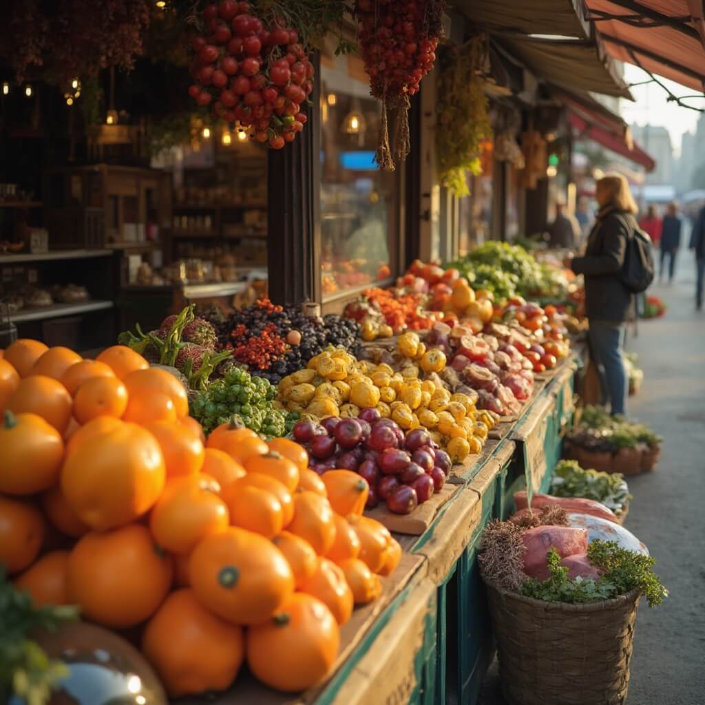 Close-up detail of fresh produce at a vibrant summer street market in Paris with rustic wooden stalls, colorful fruits and vegetables and soft natural daylight providing an authentic French market atmosphere