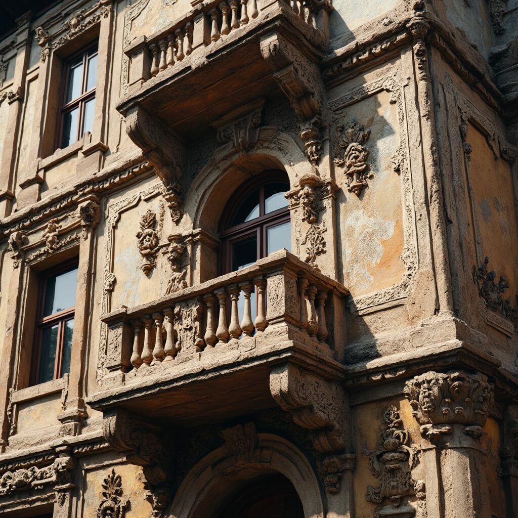 Close-up of the ornate Pfister House exterior highlighting its Renaissance architecture, biblical murals, wooden balconies, and intricate carvings under soft natural light