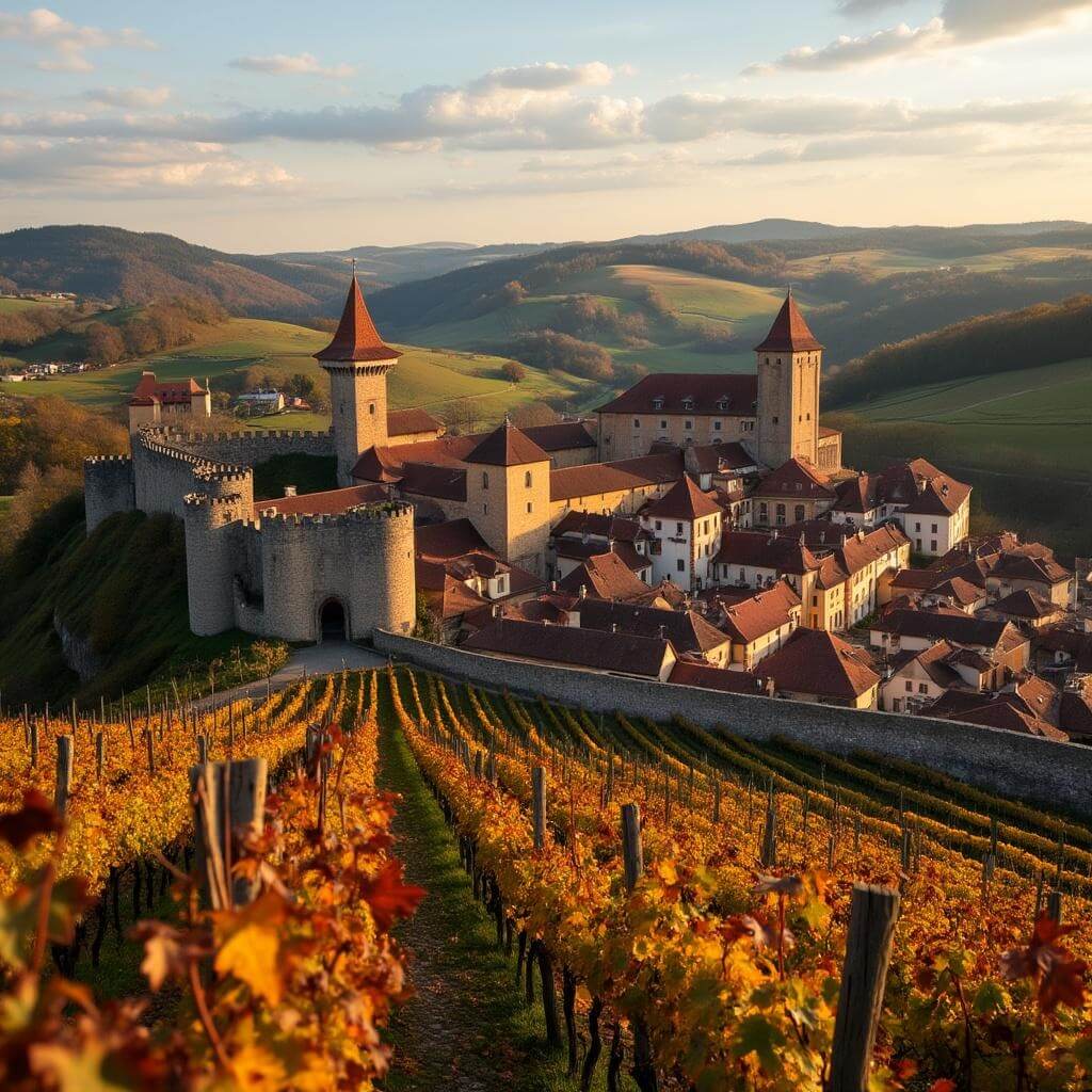 Elevated view of Riquewihr village during golden hour, surrounded by rolling vineyards with autumn-colored grapevines, showcasing medieval ramparts and red-tiled Renaissance buildings.