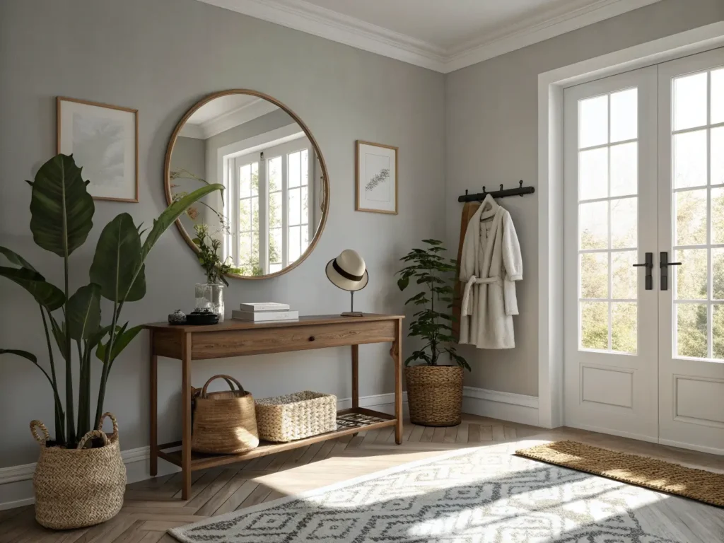 "Scandinavian minimalist styled small apartment entryway with morning sunlight, featuring greige walls, brass framed mirror, and wool coats on an oak peg rail"