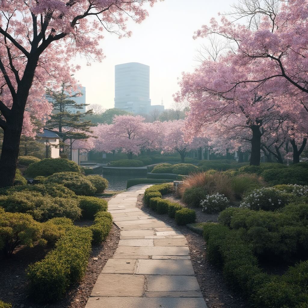 Morning view of Shinjuku Gyoen National Garden with cherry blossoms, stone paths and distant skyscrapers in soft light