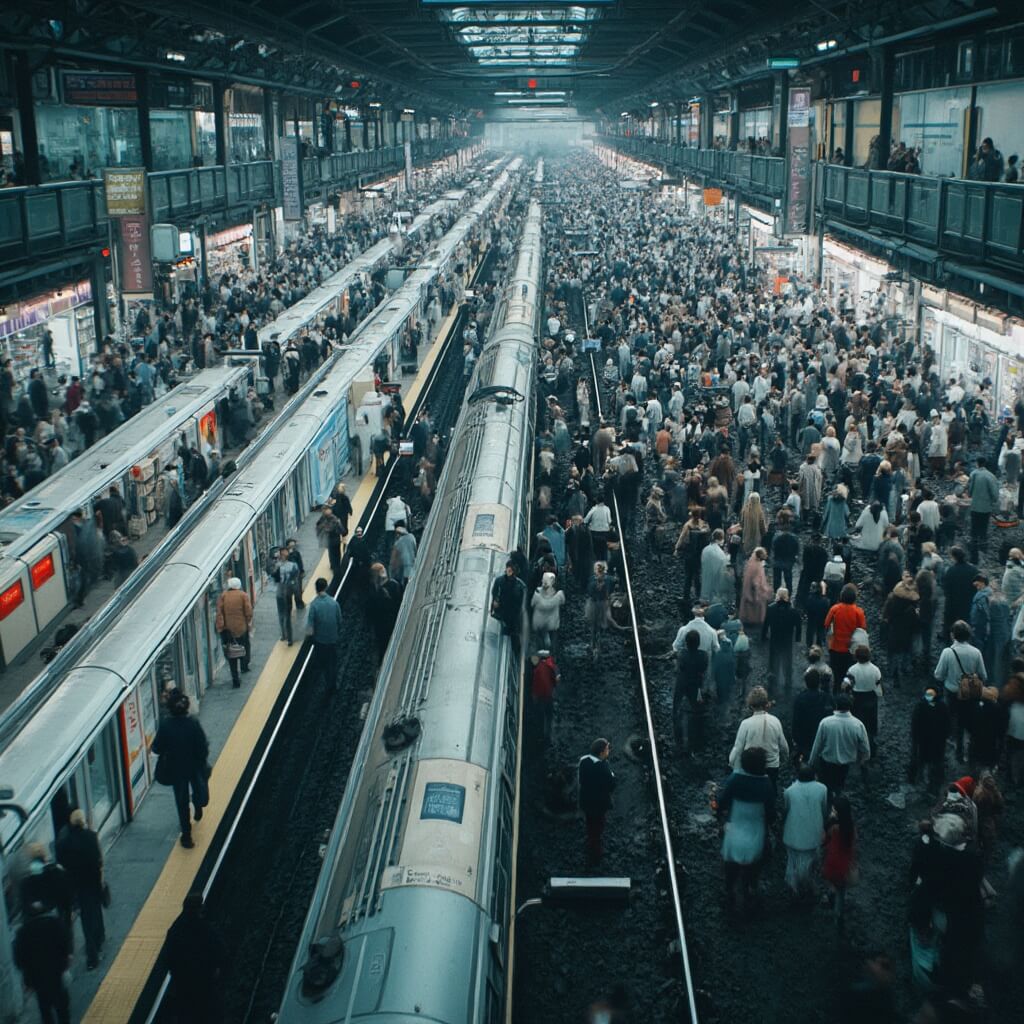 Rush hour at Shinjuku Station, Tokyo, highlighting the density of commuters and the intricate details of the sophisticated transportation infrastructure.