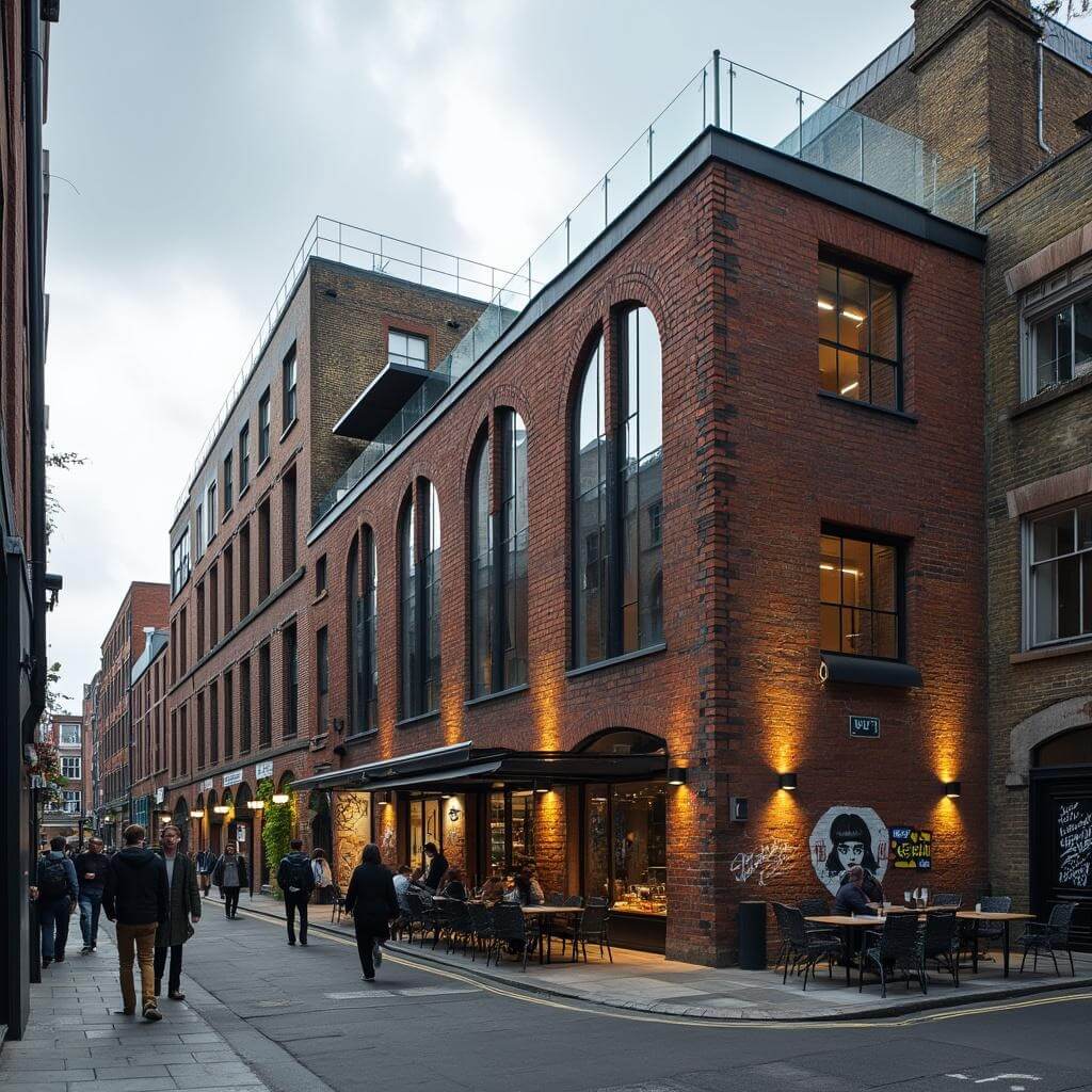Renovated brick warehouse turned tech hub in Shirditch featuring street art, modern glass additions and young professionals walking past trendy cafes and co-working spaces