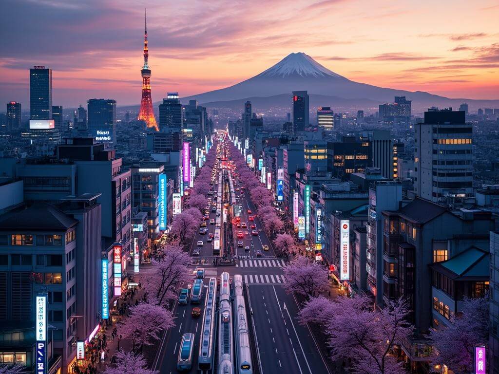 "Tokyo cityscape at dusk with Tokyo Skytree, Mount Fuji, neon-lit Shibuya Crossing, traditional temple, bustling streets, bullet trains, cherry blossom trees, and sunset lighting blending with neon signs."
