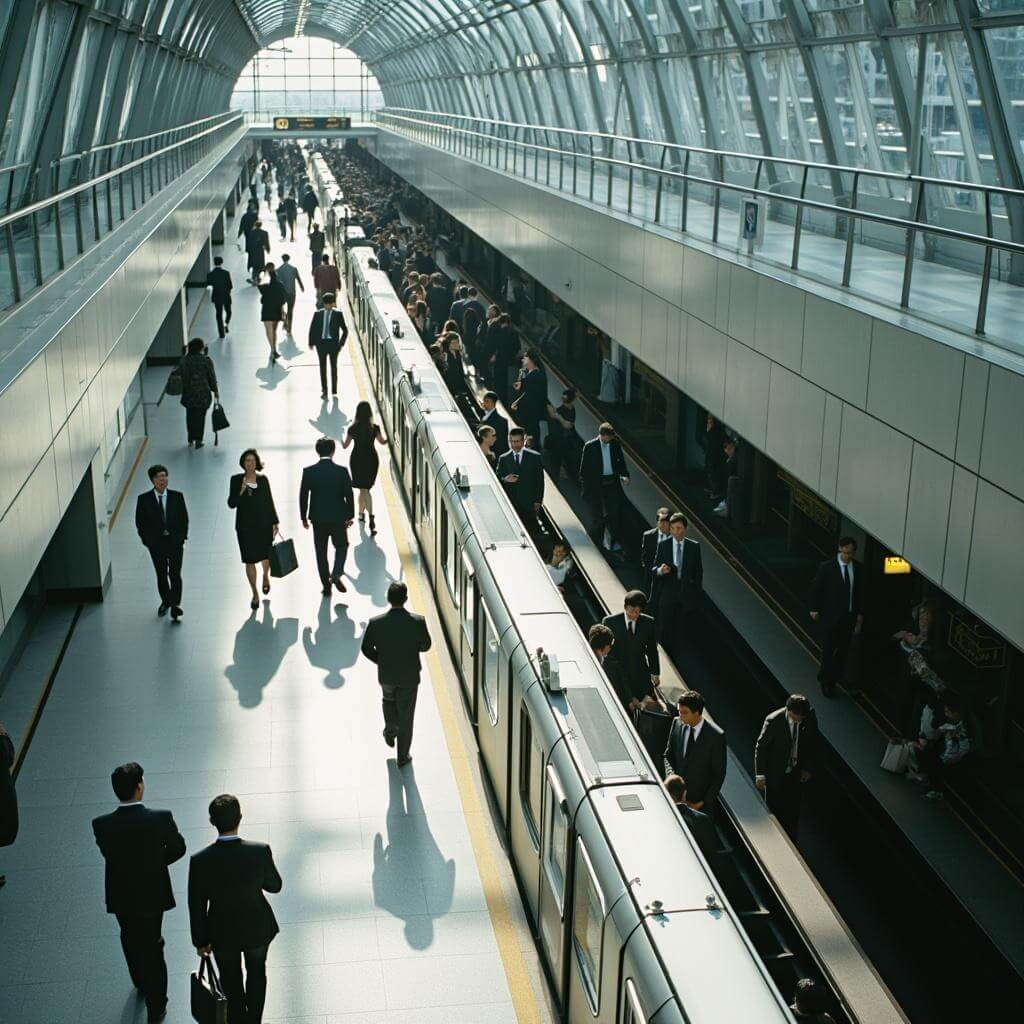 High-angle view of Tokyo metro station during rush hour with organized crowds of commuters in business attire, under soft morning light streaming through glass ceilings onto immaculate floors and modern architecture