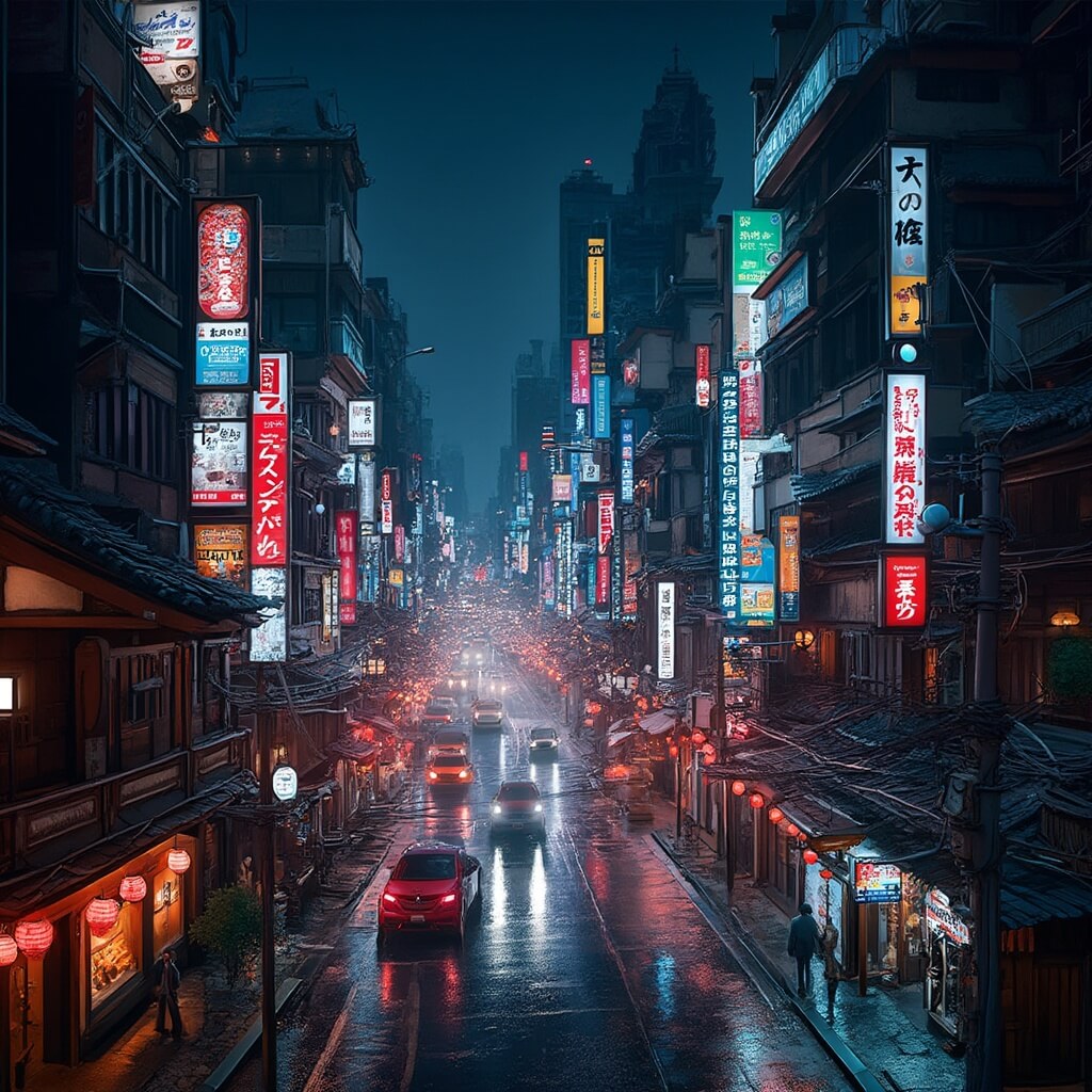 Elevated view of neon-lit Tokyo streets with traditional wooden structures, highlighting the fusion of modern technology and historical architecture at night