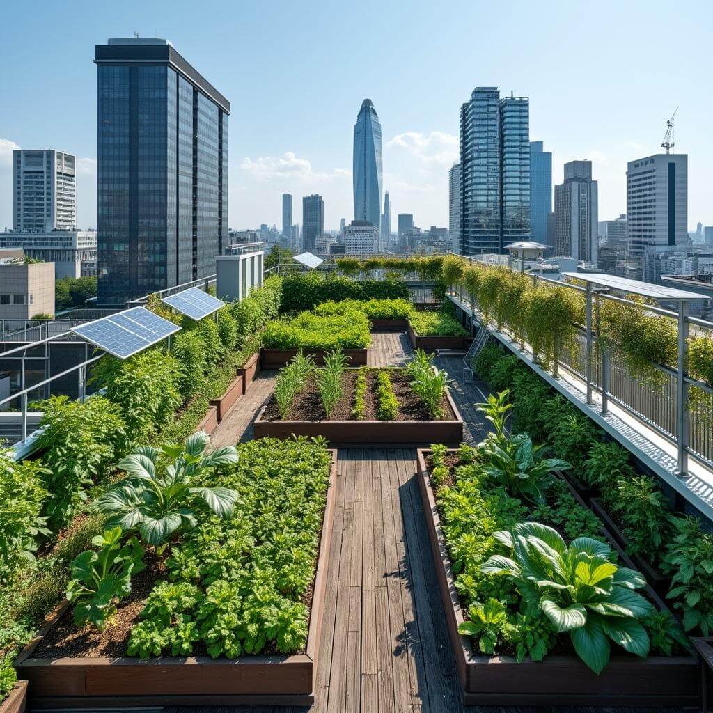 Aerial view of a sustainable rooftop garden in modern Tokyo, featuring rows of vegetables, herbs, solar panels, vertical growing systems, and eco-friendly irrigation with city's skyline in the background