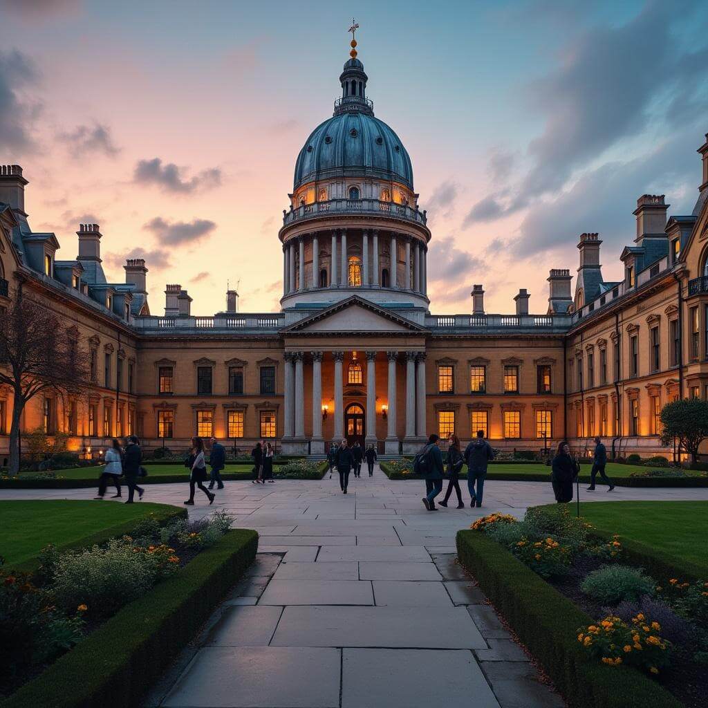 Victorian Gothic architecture of University College London main building at golden hour with students in courtyard, manicured gardens in foreground, and illuminated UCL portico dome against evening sky