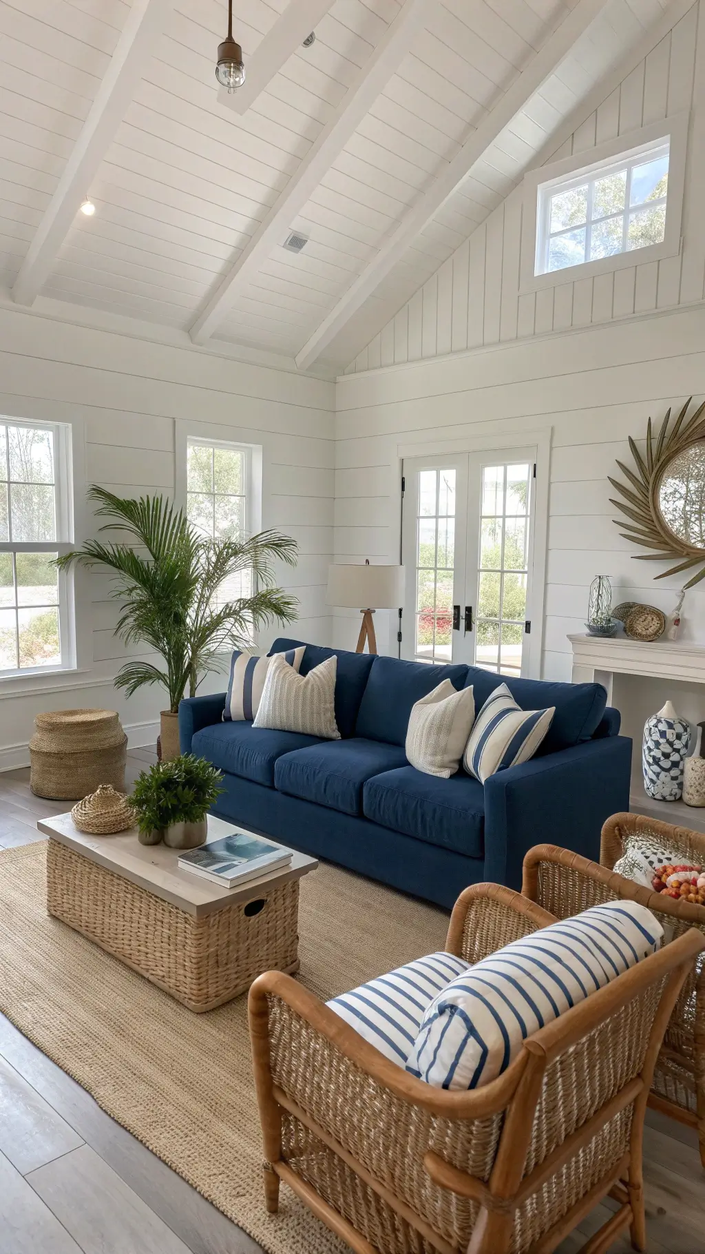 Bright, coastal-inspired great room with azure sofa, rattan accent chairs, bleached oak coffee table, striped sand and white pillows, potted palms, and coral sculptures, bathed in afternoon light reflected off white shiplap walls.