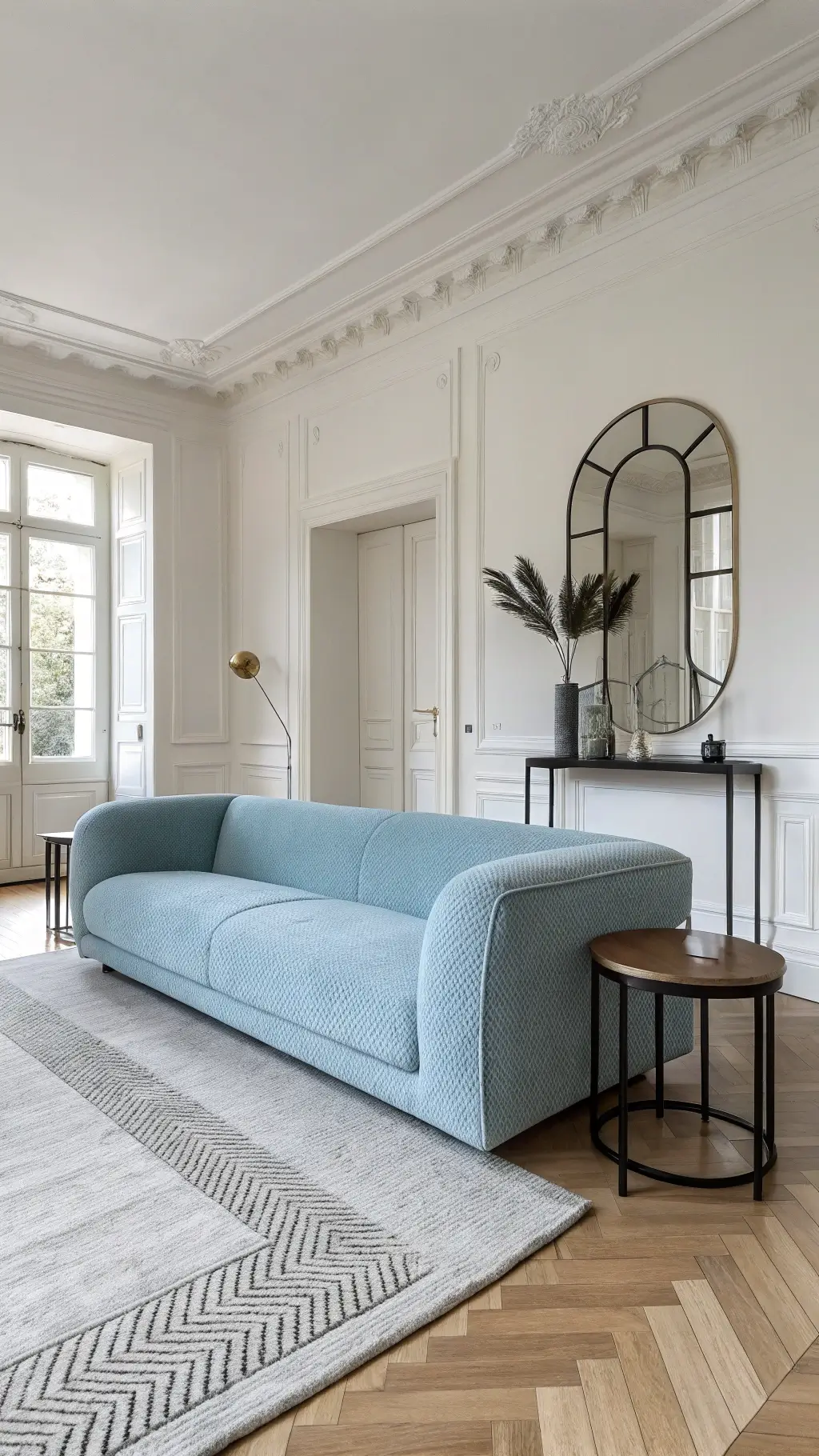 Minimalist 15x18ft sitting room with sky blue bouclé sofa, black metal tables, white oak floors, geometric grayscale rug, and art deco brass mirror, lit by overcast natural light.