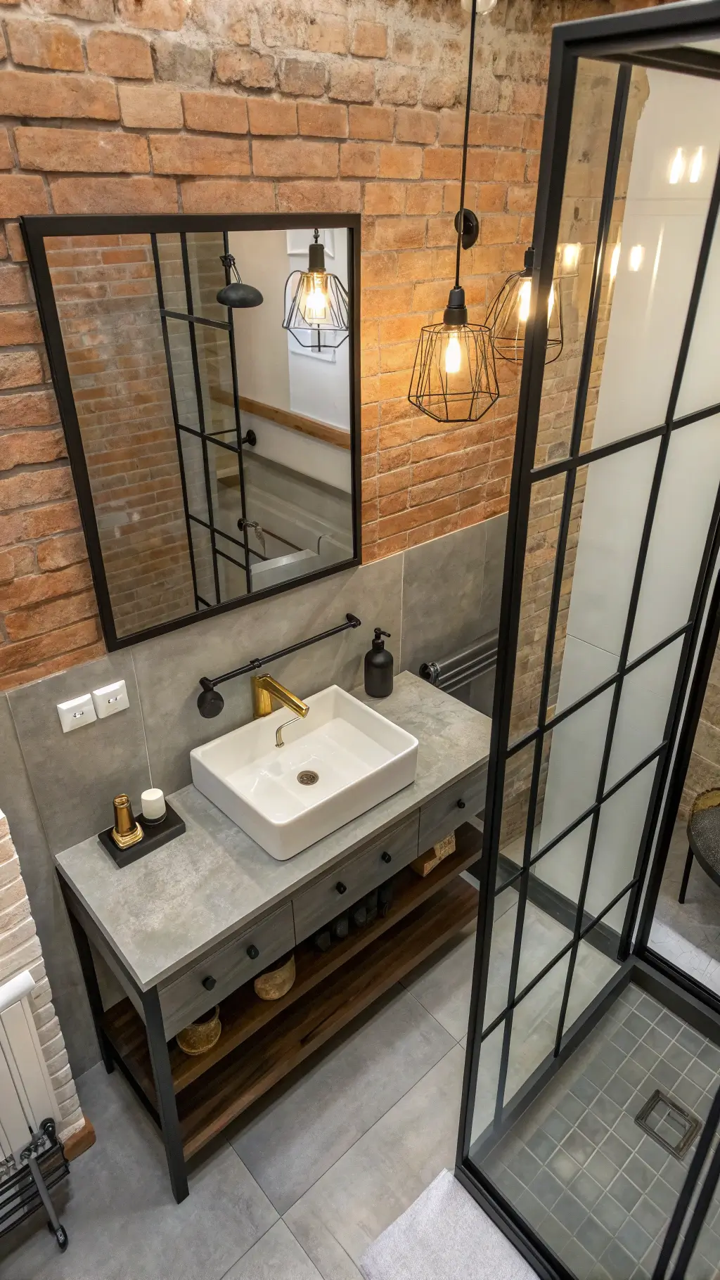 Aerial view of an industrial-chic bathroom featuring an exposed brick wall, black steel-framed shower screen, concrete vanity top with undermount sink, mixed metal fixtures, and Edison bulb sconces.
