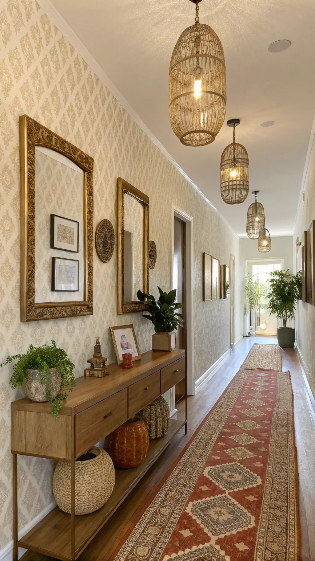 Bohemian-themed hallway during golden hour with neutral wallpaper, vintage mirrors in brass frames, pendant lights, wooden floating shelf with artifacts, vintage Moroccan runner, and potted plants.