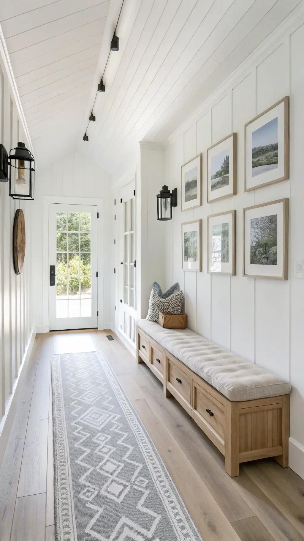 High angle view of a Scandinavian-inspired hallway with pure white walls, pale ash flooring, a light oak storage bench with leather cushion, black sconces, a gray and cream geometric runner, and black and white photographs in light oak frames.