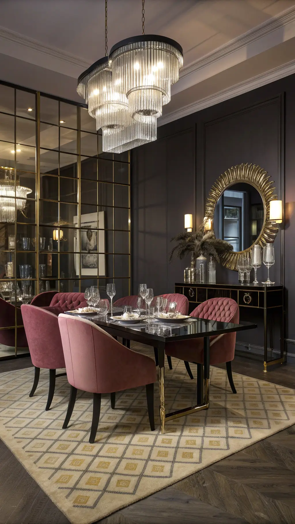 Luxurious Art Deco dining room at dusk, featuring a wall of mirrors, a dramatic chandelier, high-gloss black lacquer dining table with raspberry velvet chairs, smartly styled chrome bar cart and a cream and gold geometric rug. Focus is on table centerpiece, creating a moody atmosphere.