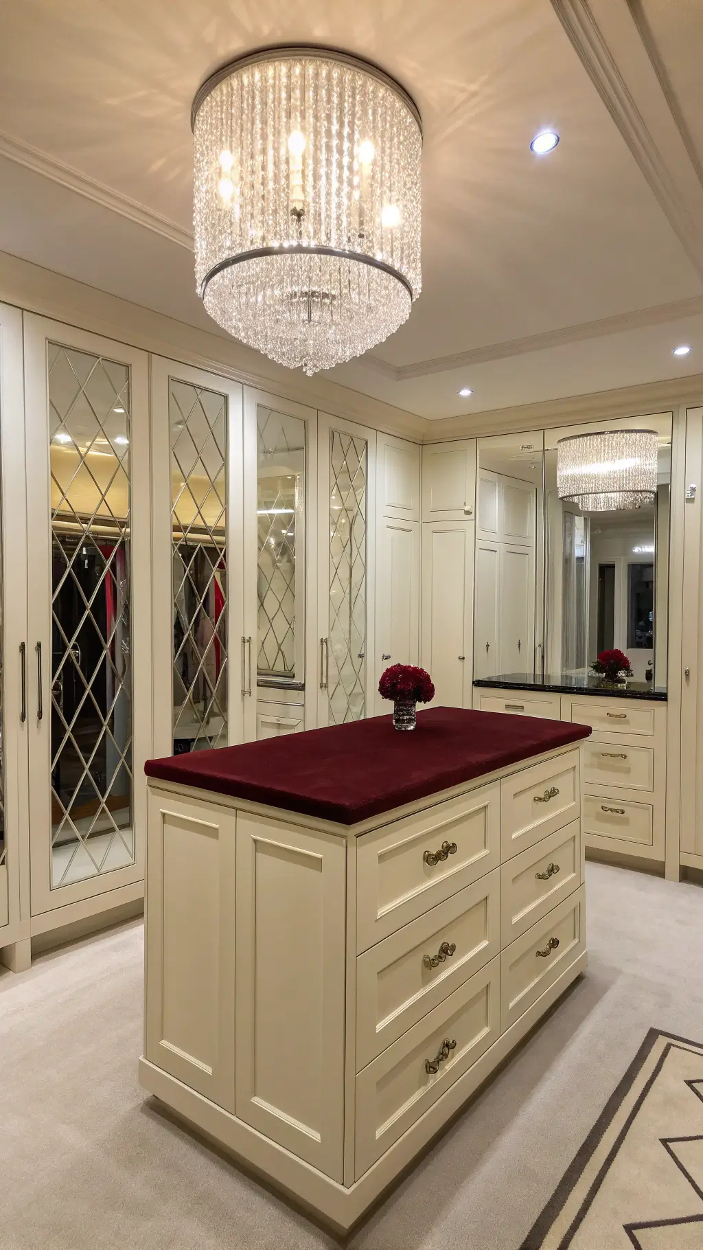 Elegant dressing room with cream lacquered wardrobes, burgundy velvet center island over mirror tiles, crystal chandelier, full-length mirrors, and LED wardrobe lighting, shot at a low angle with a f/2.8 aperture for a glamorous effect.