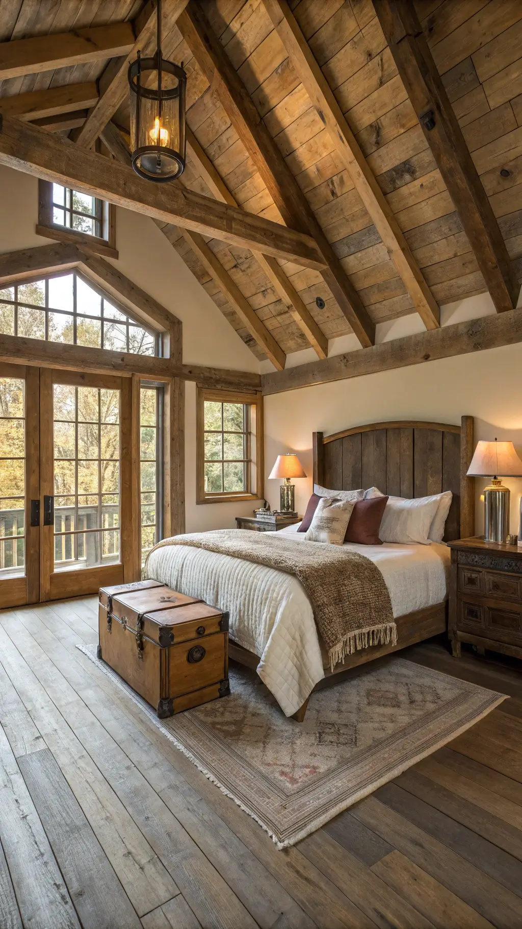 Sunlit rustic master bedroom with wooden cathedral ceiling, large windows, king-sized bed with cream linen and knit throws, vintage trunk bedside table, and weathered oak flooring.