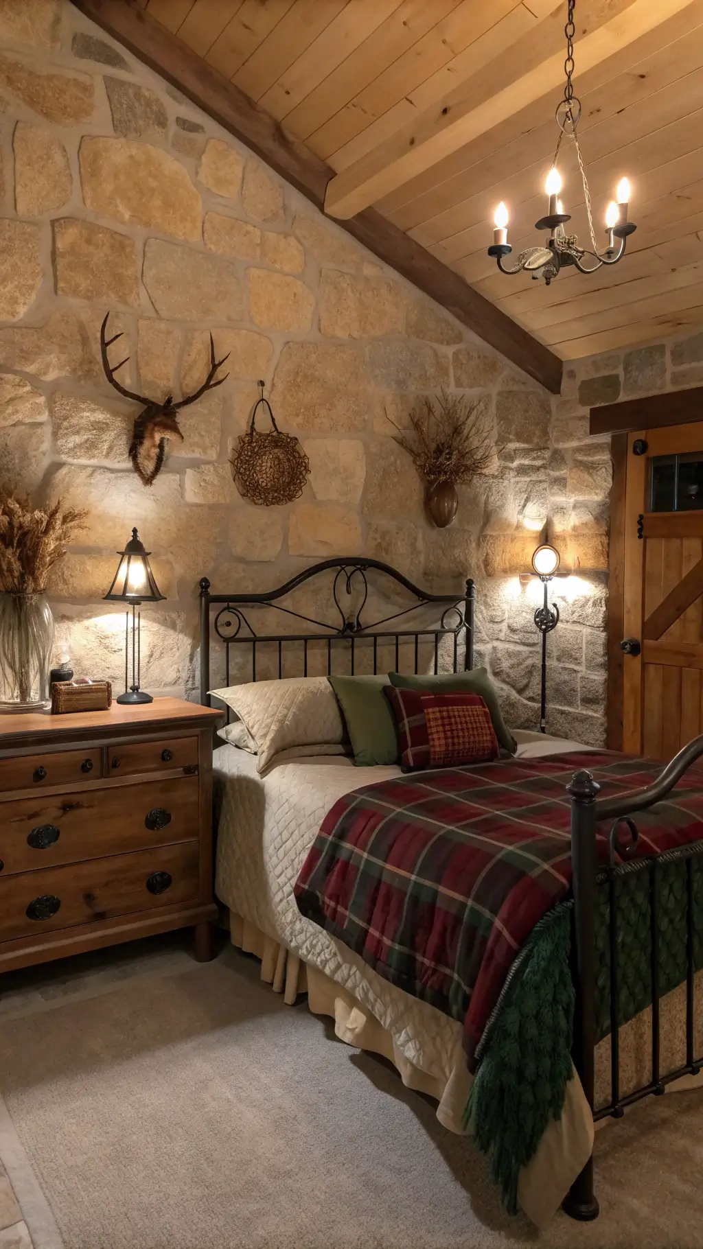 Cozy rustic bedroom with wrought iron bed adorned with green and burgundy plaid blankets; room is highlighted by a stone accent wall, mounted antlers, vintage lantern sconces, and distressed pine dresser with earthenware vases filled with dried wheat stalks, captured at dusk in warm lighting to evoke an intimate cabin feel.