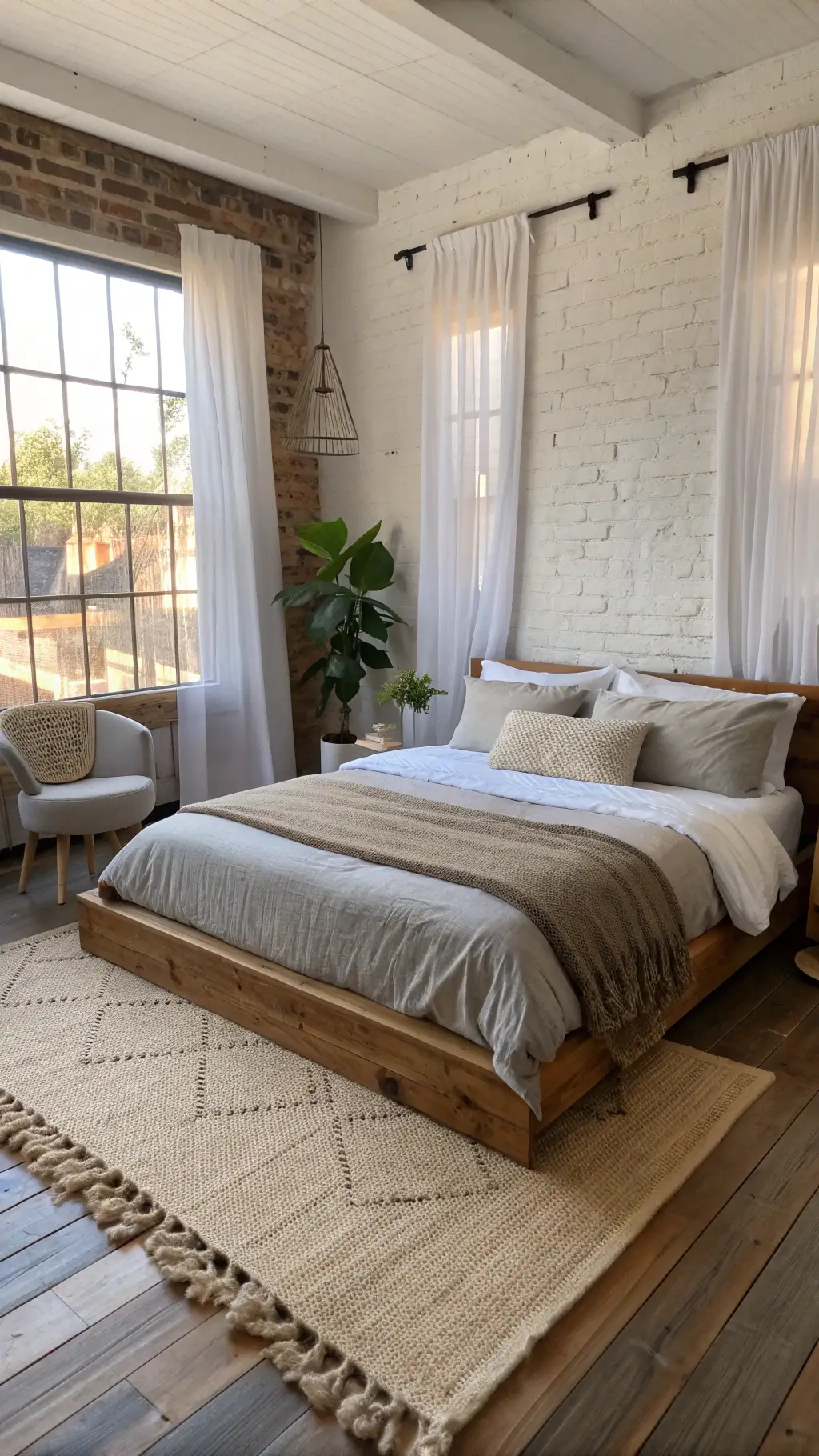 Rustic-modern bedroom with late afternoon light filtering through linen curtains, spotlighting a floating timber platform bed against a whitewashed brick wall, layered bedding in taupe, gray, and ivory, and a handwoven jute rug, with a potted fiddle leaf fig and leather reading chair in corner.