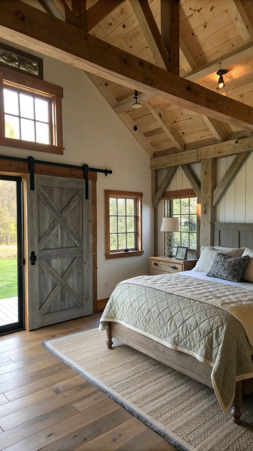 Morning light in a rustic farmhouse bedroom featuring timber frame architecture, custom gray sliding barn door, iron-framed windows, cream and sage green quilt on a vintage iron bed, and wooden shelves with ceramics; captured at f/5.6 emphasizing architectural details for a feel of sophisticated country comfort.