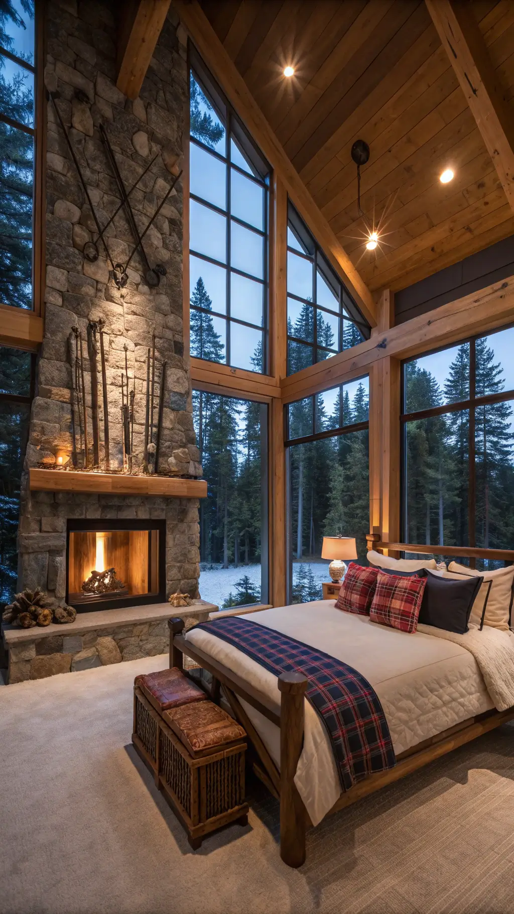 Cozy alpine-inspired bedroom with a fireplace, rustic decor, and floor-to-ceiling windows overlooking the forest during twilight.