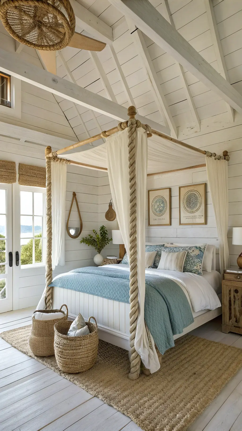 Rustic coastal bedroom with whitewashed shiplap walls, four-poster bed, and beach-themed decor bathed in golden hour sunlight.