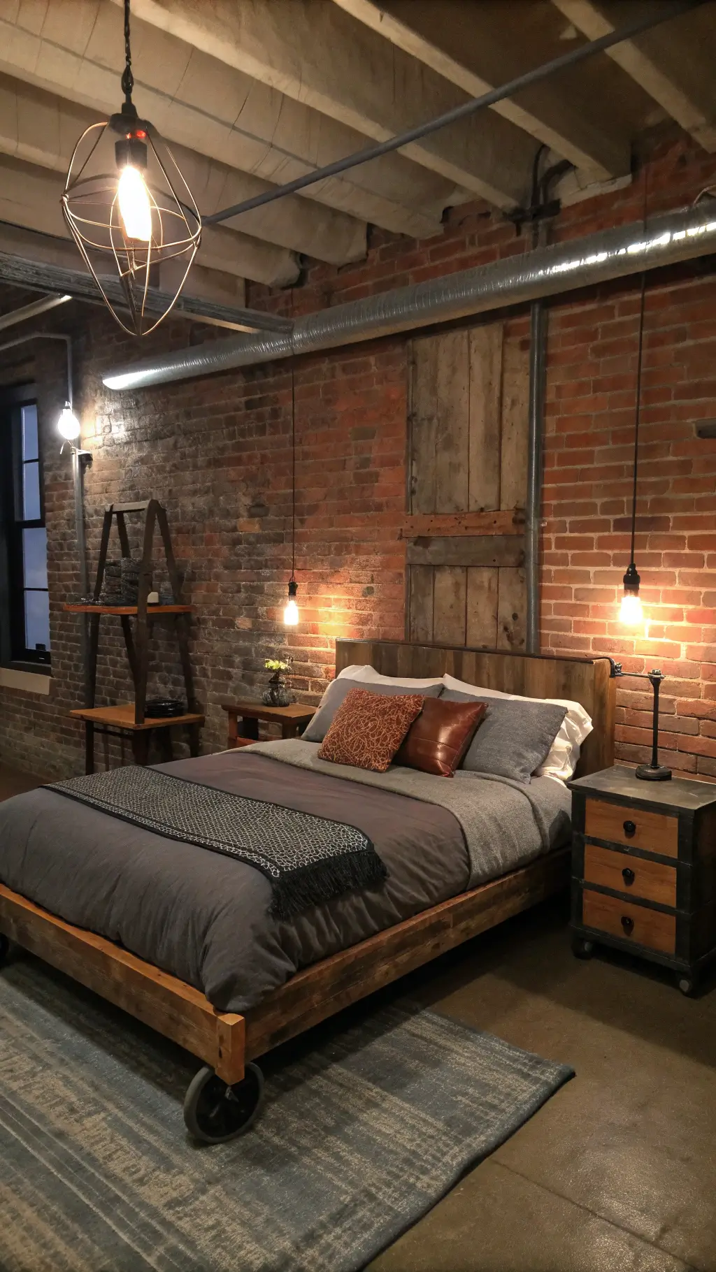 Urban rustic loft bedroom with exposed brick walls, steel beam details, and a reclaimed timber platform bed under moody evening light.