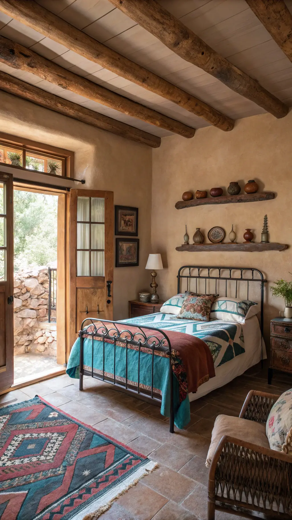 Rustic southwestern bedroom with adobe walls, exposed vigas beams, terracotta and turquoise Navajo-inspired textiles, leather chair with handwoven throw, and ceramic pottery on floating shelves, bathed in early morning light.