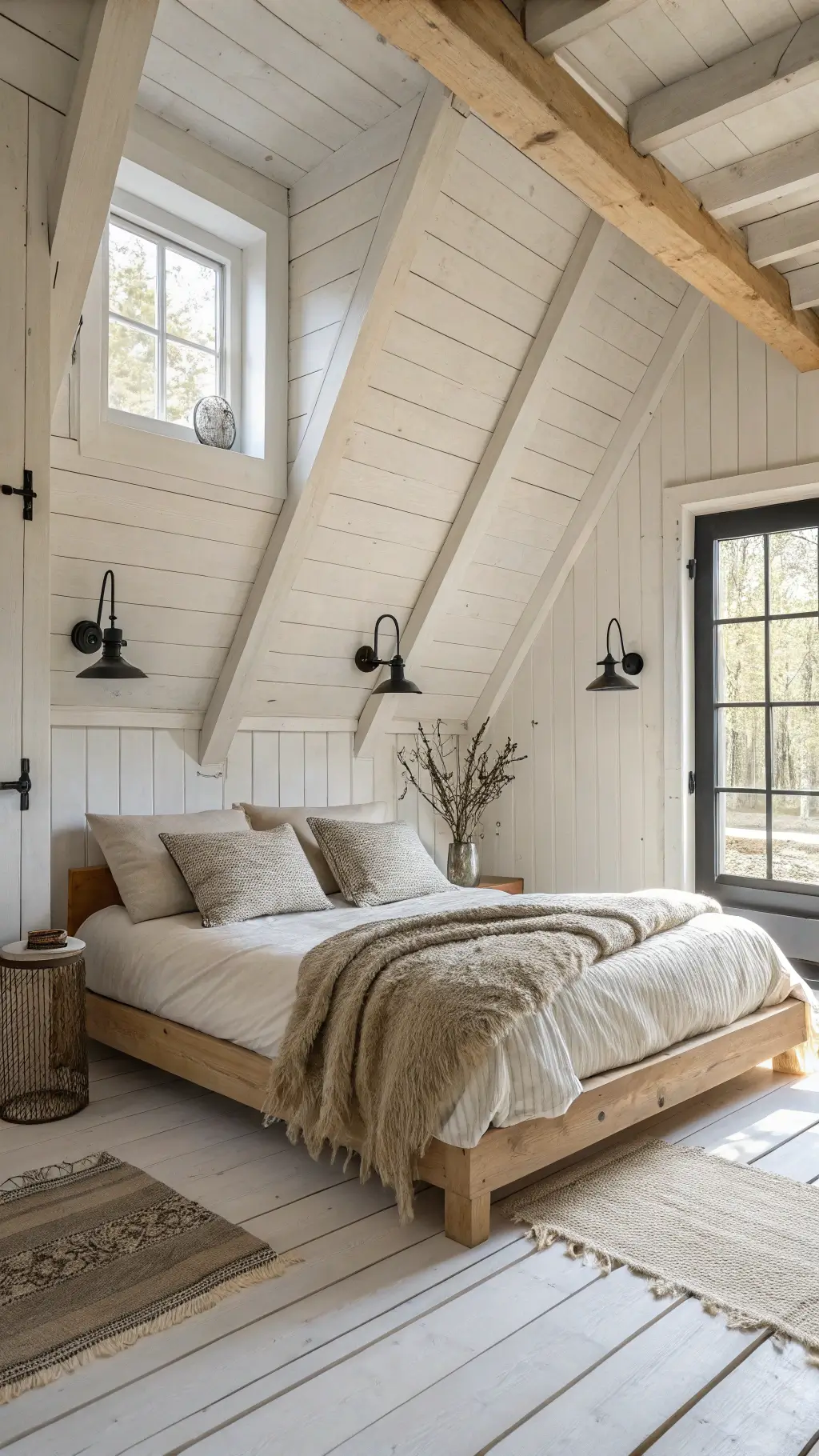 Bright rustic Scandinavian bedroom featuring natural linen bedding on blonde wood platform bed, white-painted wooden ceiling with exposed beams, sheepskin throws, black metal sconces against white-planked walls, and minimalist branch arrangements in afternoon light