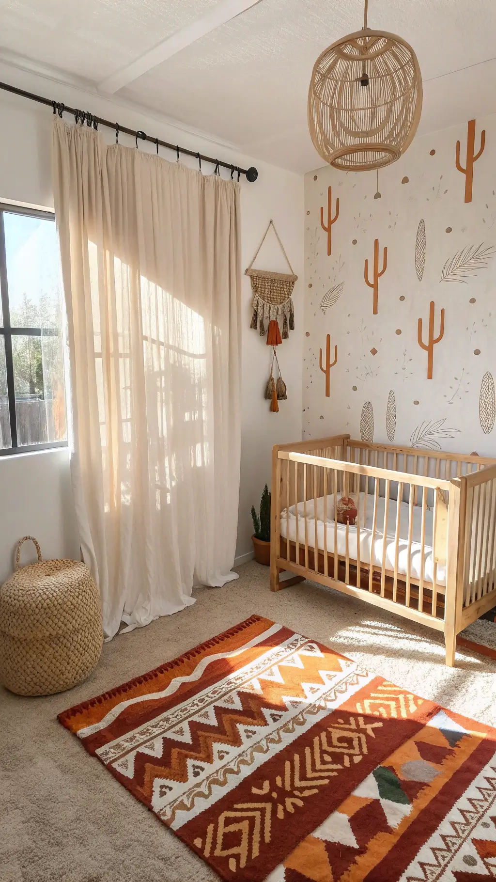 Boho style nursery with natural wood crib, Moroccan rugs, rattan light fixture, and macramé wall hanging, illuminated by morning light through terra cotta curtains.