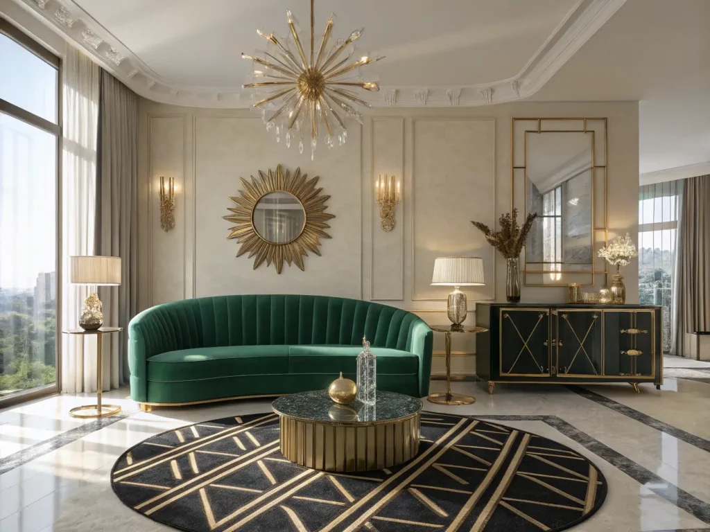 "Art Deco living room with emerald velvet sofa, chrome accents and geometric rug under golden hour lighting"