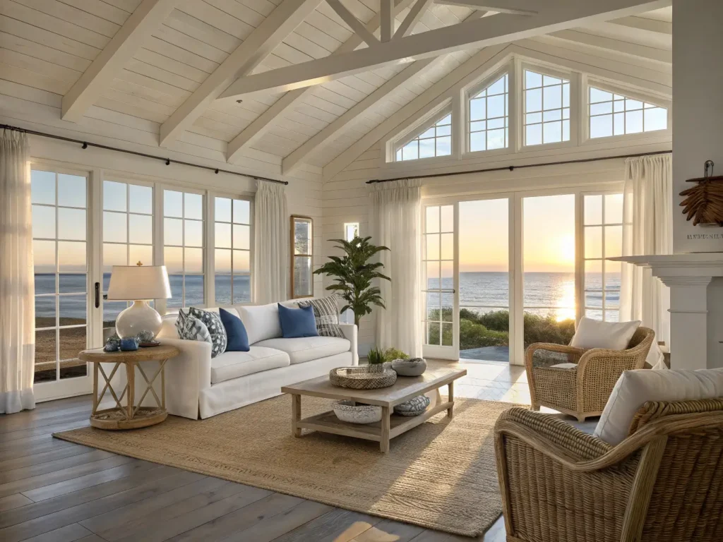 "Sunlit coastal living room with vaulted ceiling, white beams, white shiplap walls, and natural rattan accent chairs, shot in a cinematic composition"