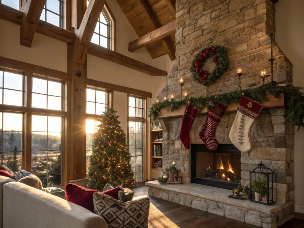 "Cozy farmhouse living room with Christmas decorations and stockings hanging on stone fireplace at golden hour"