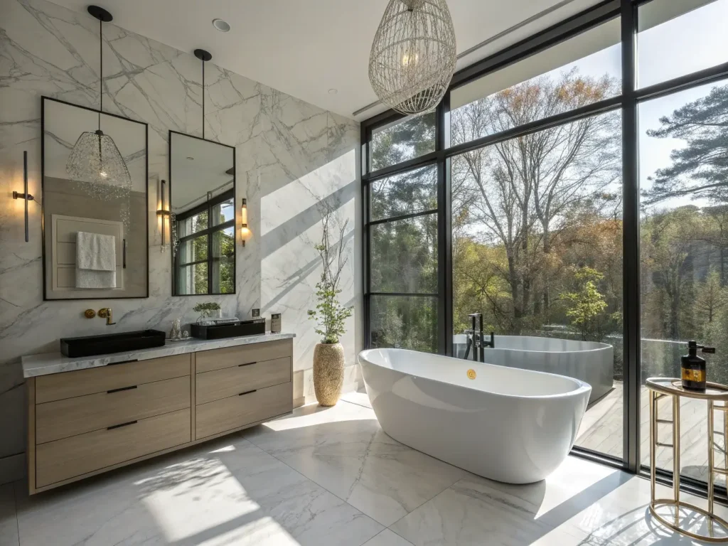 "Luxurious modern bathroom with marble walls, black fixtures, and minimalist design in morning sunlight"
