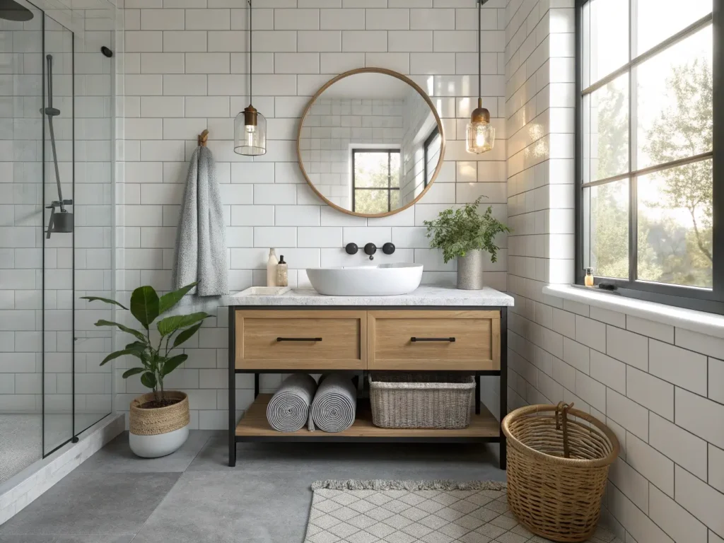 "Minimalist modern bathroom with white oak vanity, marble countertop, brass-framed mirror, and black fixtures, adorned with a potted eucalyptus and white Turkish towels"
