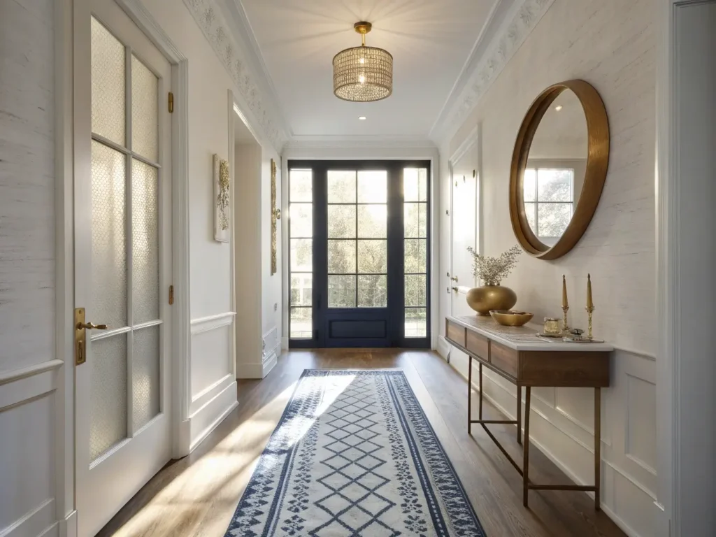 "Modern minimalist hallway interior design with brass gallery wall, walnut console table, oversized mirror, and ceramic decorations"