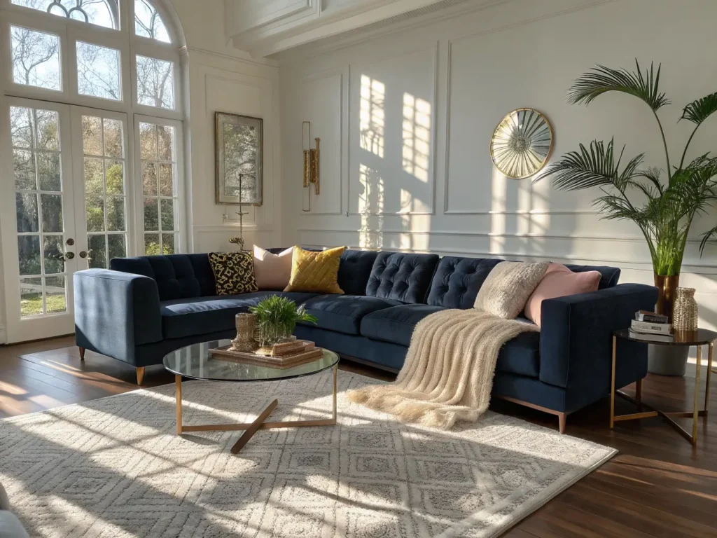 "Modern living room with navy velvet sofa, brass and glass coffee table, hardwood floors, and contemporary décor bathed in natural golden hour light"