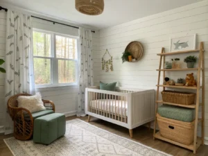 "Modern woodland-themed nursery interior with natural light, wooden crib, leather glider, wooden shelves and wool area rug"