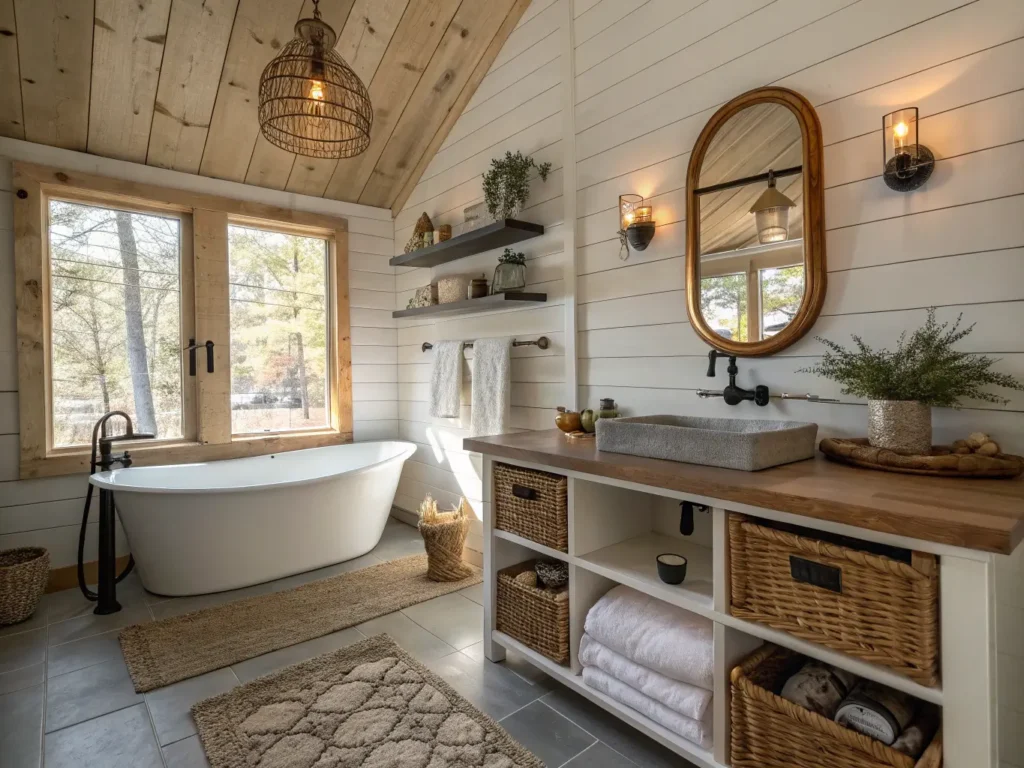 "Rustic cabin bathroom with whitewashed shiplap walls, vintage copper mirror, stone vessel sink, and freestanding copper tub"