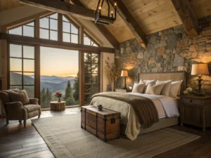 "Rustic mountain bedroom with king-sized bed, cathedral wooden beam ceiling, antique copper lantern sconces, and warm sunlight pouring through large windows"