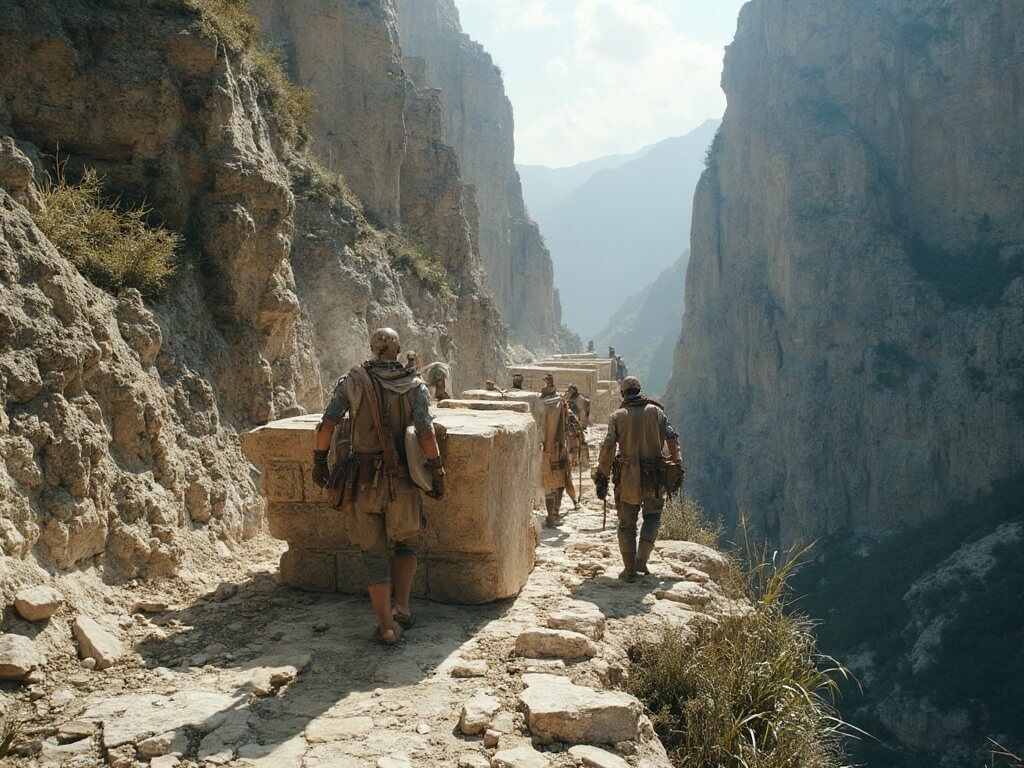 Construction workers carefully transporting large stones up a steep mountain path using 19th-century techniques for castle construction, representing engineering challenges of the past.