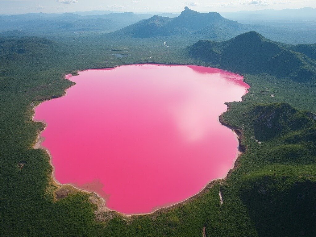 Aerial view of the unique striking pink Lake Hillier contrasting with the lush green landscape, devoid of human elements