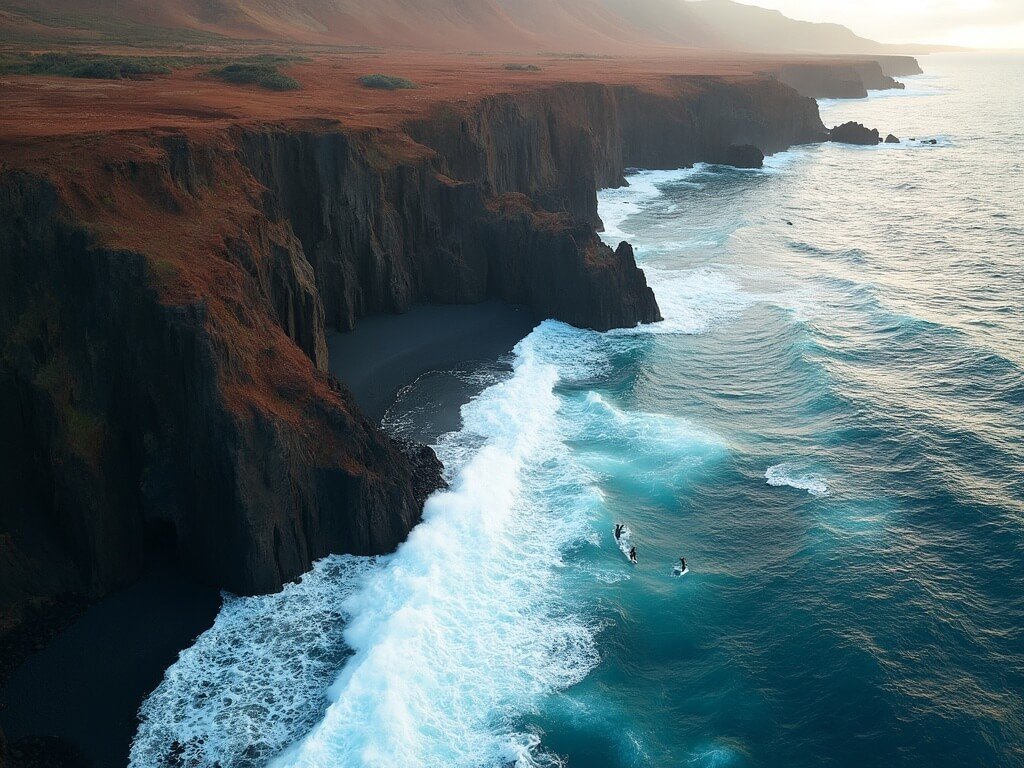 Aerial view of surfers riding waves near a black sand beach with dramatic cliffs and lava rock formations, illuminated by early morning light