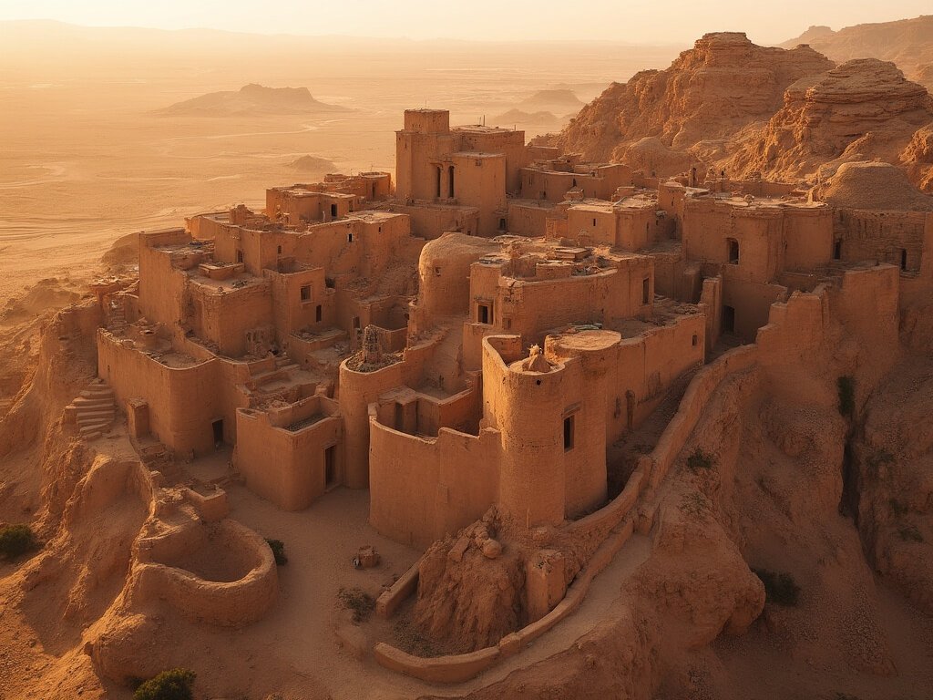 Aerial view of Aït Benhaddou mud-brick ksar at golden hour, displaying intricate architecture and earthy hues