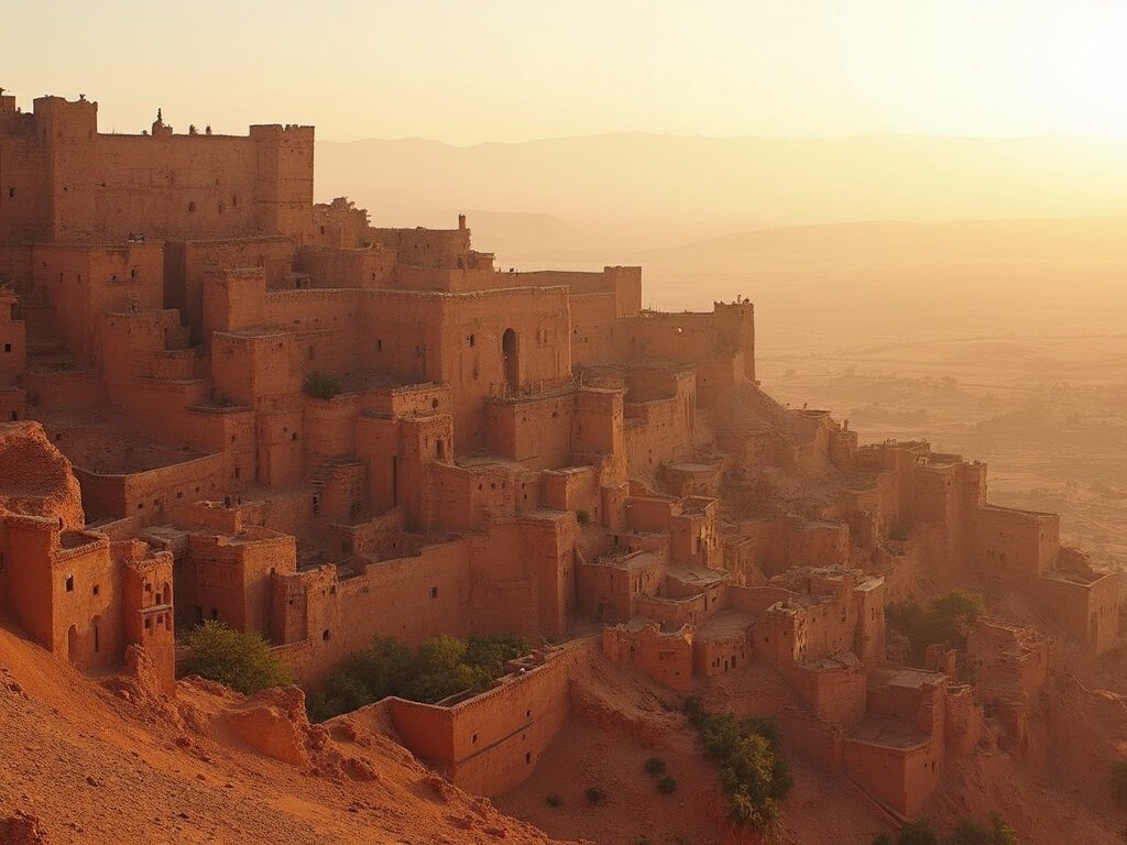Aït Benhaddou clay fortress in golden hour light showing intricate multi-level structures, illuminating the terracotta adobe walls, shot from elevated perspective