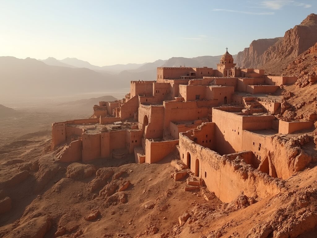 Arid landscape featuring mud-brick walls of Aït Benhaddou against rugged mountains with early morning light casting long shadows on the ancient structures