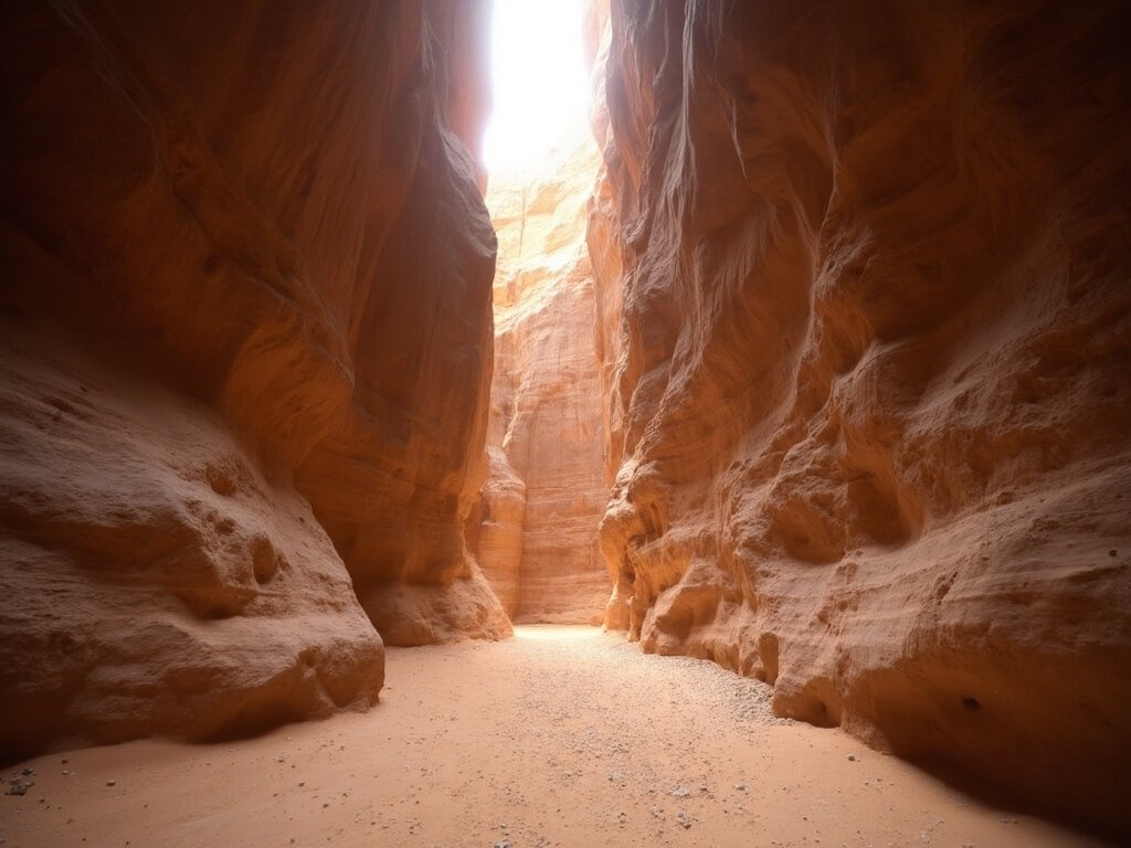 Narrow Al-Siq gorge from ground level, with towering sandstone walls and subtle light filtering between rock formations