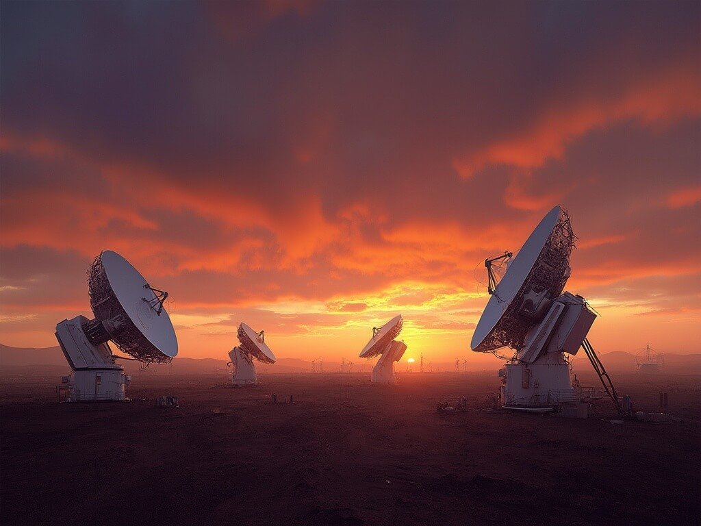 ALMA observatory telescopes at sunset with intricate technical details highlighted against a dramatic orange and purple sky in a desert environment
