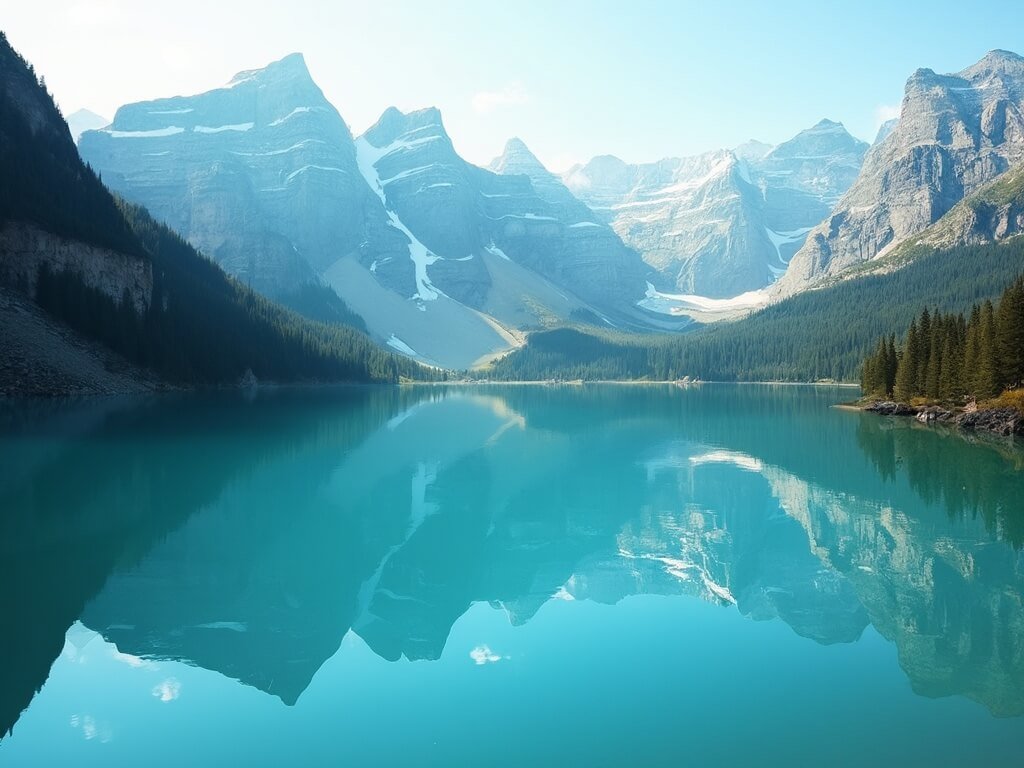 Crystal-clear turquoise alpine lake reflecting dramatic rocky mountains in untouched wilderness under soft morning light