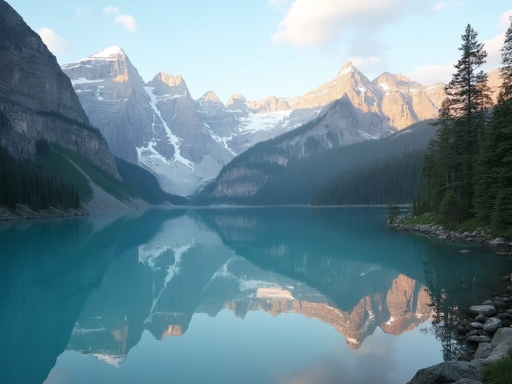 Early morning view of a tranquil turquoise alpine lake reflecting snow-capped Rocky Mountains, pine forests in the background, bathed in soft golden sunlight