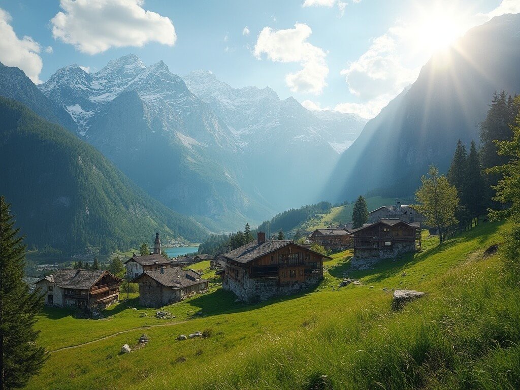 Traditional alpine village with wooden chalets amidst towering mountains, green alpine meadows, and snow-capped peaks in the soft golden light of late afternoon